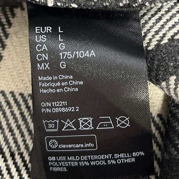 H&M Black White Wool Plaid Checkered Button Down Long Sleeve Shirt Top Jacket L - Picture 4 of 4